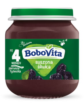 Słoiczek BoboVita przecier suszona śliwka dla niemowląt, zielona etykieta, napis PO 4 MIESIĄCU, widok z przodu.