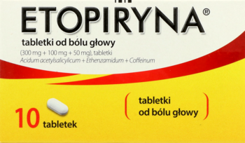 Etopiryna tabletki na ból głowy, opakowanie biało-żółte z czerwoną wstawką, widok z przodu, z tabletką.
