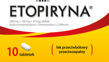 Etopiryna, lek przeciwbólowy na ból głowy, w żółto-białym pudełku, 10 tabletek, widok z przodu.