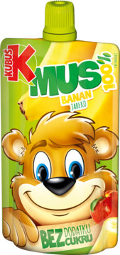 Kubuś Mus banan-jabłko, 100% owocowy mus w żółto-zielonej saszetce z misiem, widok z przodu. Bez cukru.