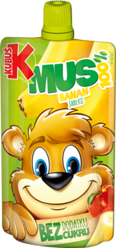 Kubuś Mus banan-jabłko, 100% owocowy mus w żółto-zielonej saszetce z misiem, widok z przodu. Bez cukru.