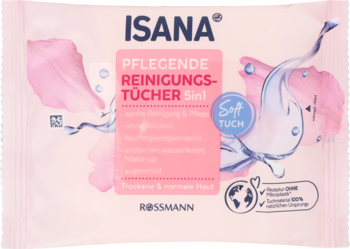 ISANA Pflegende Reinigungstücher 5in1, nawilżane chusteczki do twarzy, różowo-białe opakowanie, widok z przodu.