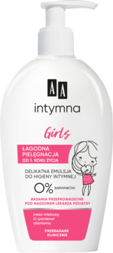 AA Intymna Girls, biała butelka emulsji do higieny intymnej z pompką, dla dziewczynek od 1 roku życia, z przodu.