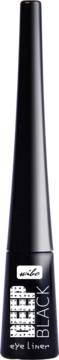 Eyeliner Wibo Deep Black w czarnej, stożkowej buteleczce. Widok z przodu, z białym napisem marki.