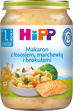 Szklany słoiczek HiPP Makaron z łososiem, marchewką i brokułami Junior, zielona nakrętka, widok z przodu.