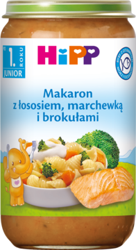Gotowy obiad HiPP Makaron z łososiem, marchewką i brokułami, słoiczek dla dzieci po 1. roku, widok z przodu.