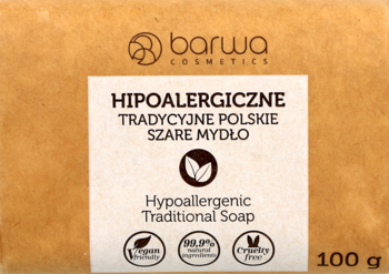 Hipoalergiczne tradycyjne polskie szare mydło Barwa 100g, brązowe opakowanie z białą etykietą, widok z przodu.
