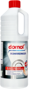 Biała butelka udrażniacza Domol Rohreiniger 1L z czerwoną nakrętką, widok z przodu, czytelne napisy i grafika odpływu.