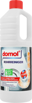 Biała butelka Domol Udrażniacz w żelu, czerwona nakrętka, widok z przodu, etykieta z napisem ROHRREINIGER i POWER.