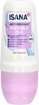 ISANA Invisible 5w1 antyperspirant roll-on 48h, biały z fioletową etykietą, widok z przodu.