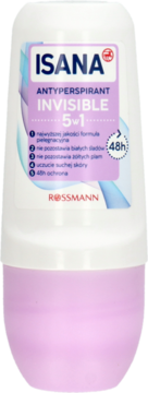 ISANA Invisible 5w1 antyperspirant roll-on 48h, biały z fioletową etykietą, widok z przodu.