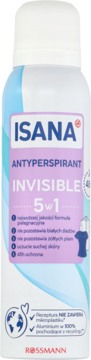 Biały antyperspirant Isana Invisible 5w1, chroniący 48h, bez plam, z niebiesko-fioletowymi akcentami, widok z przodu.