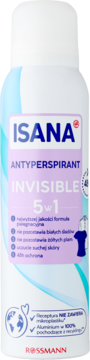 ISANA Invisible 5w1 antyperspirant w białej butelce z fioletową etykietą, widok z przodu. Bez plam, 48h ochrona.