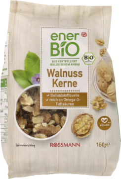enerBiO Walnuss Kerne 150g, ekologiczne orzechy włoskie w beżowej torebce, bogate w Omega-3, wegańskie.