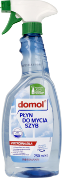 Domol Płyn do Mycia Szyb POTRÓJNA SIŁA 750ml w przezroczystej butelce z zielonym atomizerem, widok z przodu.