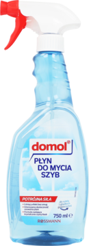 domol Płyn do mycia szyb 750ml, niebieska butelka z białym spryskiwaczem i czerwonym spustem, widok z przodu.