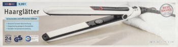 Biało-czarna prostownica Haarglätter na opakowaniu. Widok z góry, urządzenie częściowo otwarte, widoczne płytki grzewcze.