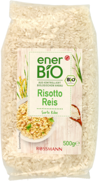 EnerBio ryż risotto okrągłoziarnisty, biały, 500g w przezroczystym worku z zieloną etykietą. Widok z przodu.