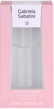Różowy kartonik Gabriela Sabatini Eau de Toilette 20ml z widoczną przez okienko butelką, widok z przodu.
