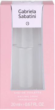 Różowy kartonik Gabriela Sabatini Eau de Toilette 20ml z widoczną przez okienko butelką, widok z przodu.