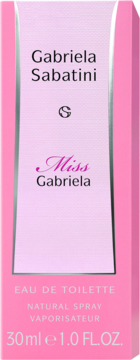 Front view of Gabriela Sabatini Miss Gabriela EDT perfume box, pink with white panel, showing brand and volume 30ml.