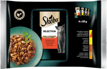 Sheba Selection Soczyste Smaki karma dla kota, 4x85g multipack. Czarna torebka, front, z wizerunkiem kota i dania w sosie.