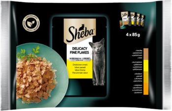Sheba Delicacy Fine Flakes, multipak karmy drobiowej dla kota, 4x85g, czarne opakowanie, widok z przodu.