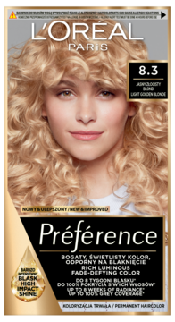 L'Oréal Paris Préférence farba do włosów 8.3 Jasny Złocisty Blond, trwała koloryzacja. Widok z przodu pudełka.