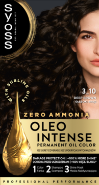 Opakowanie farby Syoss Oleo Intense 3-10 Deep Brown, bez amoniaku, z kobiecymi włosami i złotą kroplą oleju. Widok z przodu.