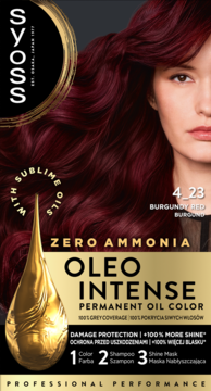 Syoss Oleo Intense 4-23 Burgund, trwała farba do włosów bez amoniaku z olejkami, na froncie kobieta z burgundowymi włosami.