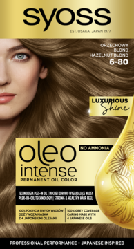 Opakowanie farby Syoss Oleo Intense Orzechowy Blond 6-80, bez amoniaku, widok z przodu.