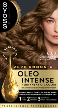 Syoss Oleo Intense 6-80 Orzechowy Blond trwała farba bez amoniaku, z olejkami. Widok frontu pudełka.