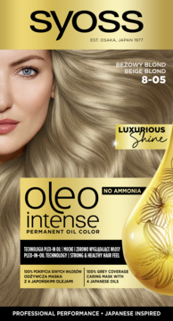 Syoss Oleo Intense, beżowy blond 8-05, trwała farba do włosów bez amoniaku z olejkiem, widok z przodu.