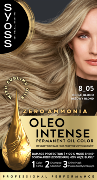 Farba Syoss Oleo Intense 8_05 Beżowy Blond, bez amoniaku, z dużą kroplą złotego olejku na opakowaniu.