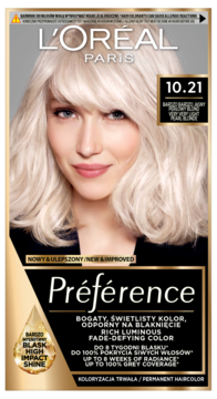 L'Oréal Paris Préférence farba do włosów 10.21 Perłowy Blond, pudełko widoczne z przodu.