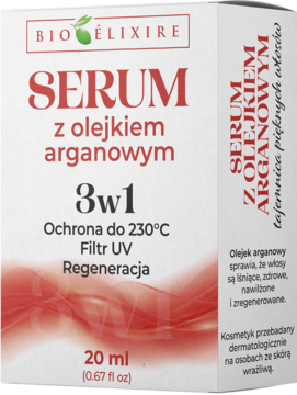 Serum Bio Elixire z olejkiem arganowym 3w1, w białym opakowaniu z czerwonym napisem, ochrona do 230°C.