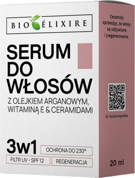 Serum do włosów Bioelixire 3w1 z arganem i ceramidami w białym pudełku z różowym bokiem, ochrona UV i 230°.