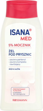 Biała butelka żelu pod prysznic Isana Med z 5% mocznika do skóry suchej, z czerwoną nakrętką, widok z przodu.