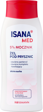 Biała butelka Isana Med żel pod prysznic z 5% mocznika dla skóry suchej, z czerwoną nakrętką, widok z przodu.