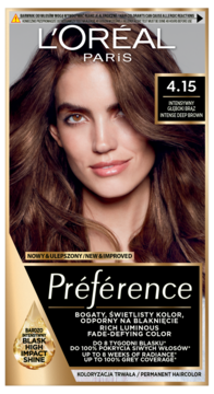 Opakowanie farby L'Oréal Paris Préférence 4.15 Intensywny Ciemny Brąz, front, kobieta z lśniącymi brązowymi włosami.