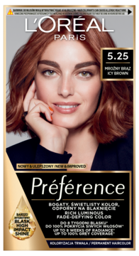 Pudełko farby L'Oréal Préférence 5.25 Mroźny Brąz, z modelką i czarno-złotą etykietą u dołu.