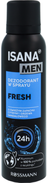 Czarny ISANA MEN FRESH dezodorant w sprayu, widok z przodu. Niebieska etykieta, zapach cytryny i sandałowca.