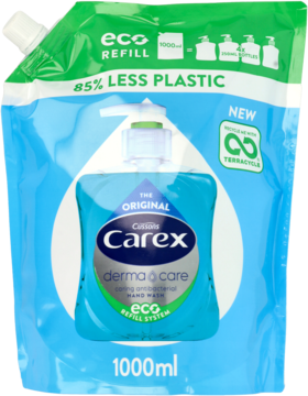 Niebieska saszetka Carex Derma & Care 1000ml, eco refill mydła w płynie, z zielonym korkiem, przód.
