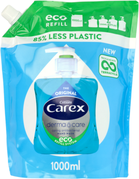 Niebieska saszetka Carex Derma & Care 1000ml, eco refill mydła w płynie, z zielonym korkiem, przód.