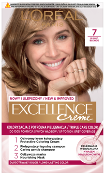 L'Or'eal Excellence Crème 7 Blond farba do włosów, opakowanie z modelką, potrójna pielęgnacja, 100% krycia siwych.