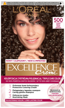 L'Oréal Excellence Crème 500 Jasny Brąz: front opakowania farby do włosów, kobieta z kręconymi włosami.