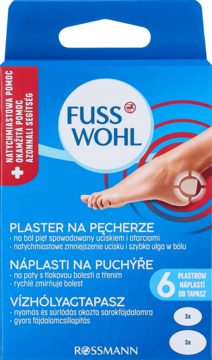 Opakowanie Fusswohl Plaster na pęcherze, niebieskie z grafiką stopy i napisem '6 plastrów'.