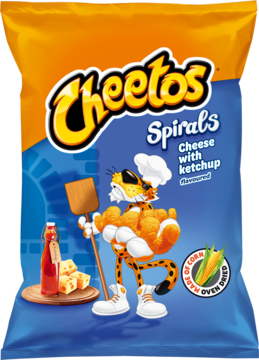 Paczka Cheetos Spirals Cheese with Ketchup, z szefem kuchni Chesterem Cheetah i składnikami, widok z przodu.