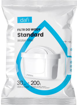 Front opakowania Dafi Standard, filtr do wody, biała torba z niebieską kroplą i wkładem, na 30 dni/200 L.