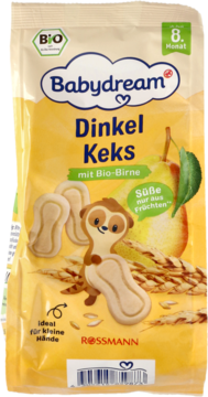 Babydream Dinkel Keks Bio z gruszką w żółtym opakowaniu, idealne dla małych rączek, widok z przodu.